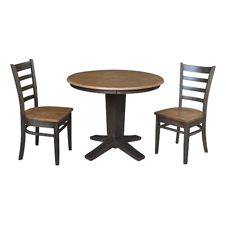 International Concepts 36 in. Solid Wood Round Top Pedestal Dining Table with 2 Chairs in Hickory/Washed Coal K45-36RT-23B-C617-2